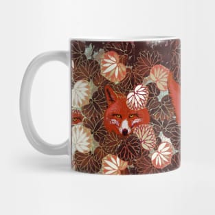 RED FOXES AMONG BROWN WHITE LEAVES AND FOLIAGE Mug